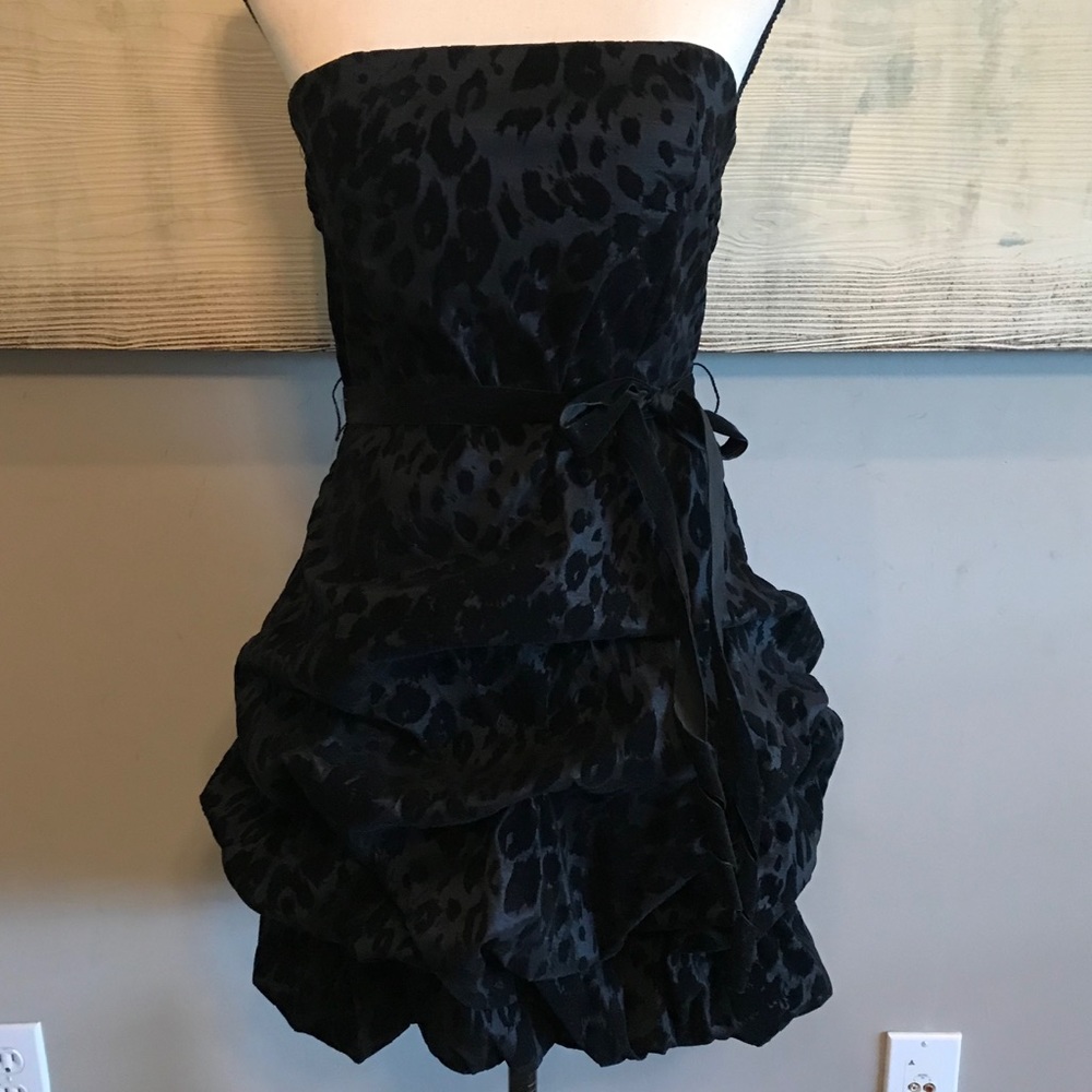 Velvet Black Leopard Animal Bubble Cocktail Dress Ribbon Strapless Party NWT LBD